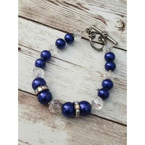 Vintage Bracelet Blue & Clear Beaded Bracelet - Picture 3 of 3